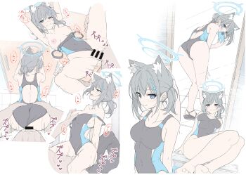 1boy 1girl absurdres animal_ear_fluff animal_ears arms_behind_back bare_shoulders black_one-piece_swimsuit blue_archive blue_eyes blue_halo blue_one-piece_swimsuit blush breasts closed_mouth collarbone commentary competition_swimsuit covered_navel cowgirl_position cross cross_hair_ornament doggystyle earrings english_commentary extra_ears flat_color girl_on_top grey_hair hair_ornament halo hetero highleg highleg_one-piece_swimsuit highres inverted_cross jewelry looking_at_viewer medium_breasts medium_hair mirror_selfie mismatched_pupils missionary multicolored_swimsuit multiple_views nipples official_alternate_costume one-piece_swimsuit pool pool_ladder selfie sex sex_from_behind shiroko_(blue_archive) shiroko_(swimsuit)_(blue_archive) side_ponytail simple_background single_earring smile solo straddling stud_earrings swimsuit t1kosewad two-tone_swimsuit untranslatable_commentary upper_body white_background wolf_ears