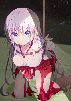 1girl arms_behind_back bdsm blue_eyes bondage bound bound_arms bound_torso bound_wrists breast_bondage breasts cleave_gag cloth_gag crotch_rope gag gagged hair_between_eyes hakama hakama_skirt highres improvised_gag japanese_clothes kimono kneeling large_breasts lliissaawwuu2 long_hair looking_at_viewer miko naruse_shiroha red_hakama restrained rope shibari shibari_over_clothes skirt solo summer_pockets suspension torn_clothes torn_hakama very_long_hair white_hair white_kimono