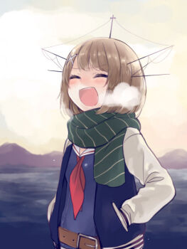 1girl bad_id bad_source belt blush breasts breath brown_belt brown_hair closed_eyes commentary_request green_scarf hair_ornament hand_in_pocket headgear jacket kantai_collection katagiri_(mighty_swing) maya_(kancolle) neckerchief open_clothes open_jacket open_mouth outdoors red_neckerchief sailor_collar scarf short_hair solo striped_clothes striped_scarf white_sailor_collar x_hair_ornament