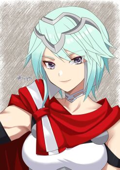 1girl blue_hair commentary dagr_(fire_emblem) fire_emblem fire_emblem_heroes grey_eyes headpiece looking_at_viewer muscular muscular_female nintendo short_hair smile solo sylphy_fe symbol-only_commentary