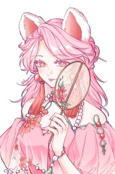 Rule 34 | 1girl, animal ears, artist name, bare shoulders, bracelet, breasts, chinese clothes, chinese commentary, commentary request, detached collar, dress, dress flower, earrings, eyelashes, flower, flower-shaped pupils, hair ornament, hair stick, half updo, hand fan, hand up, highres, holding, holding fan, identity v, jewelry, lips, liuyan hz, long hair, mandarin collar, medium breasts, mole, mole under eye, official alternate costume, pink dress, pink eyes, pink hair, pink nails, simple background, solo, swept bangs, symbol-shaped pupils, tassel, tassel earrings, tuanshan, upper body, vera nair, white background