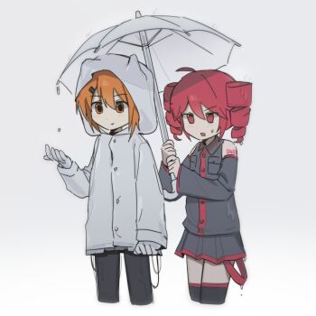 2girls a.i._voice adachi_rei ahoge black_shirt black_skirt black_thighhighs cable closed_mouth cropped_legs detached_sleeves drill_hair gloves grey_background hand_up highres holding holding_umbrella hood hood_up kasane_teto kasane_teto_(utau) kynnn long_sleeves miniskirt multiple_girls open_mouth orange_eyes orange_hair rain raincoat red_eyes red_hair shared_umbrella shirt simple_background skirt smile sweatdrop thighhighs twin_drills umbrella utau wet white_gloves