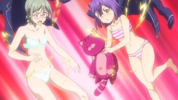 2girls akanegakubo_momo barefoot blush bra braid breasts collarbone feet feet_out_of_frame female_focus foot_out_of_frame glasses green_eyes green_hair highres holding holding_stuffed_toy jacket kinokuni_nene multiple_girls navel nose_blush open_mouth panties pink_background pink_bra pink_panties purple_hair red_eyes round_eyewear shokugeki_no_souma short_hair small_breasts stitched striped_bra striped_clothes striped_panties stuffed_animal stuffed_toy third-party_edit toes twin_braids underwear unworn_jacket white_bra white_panties