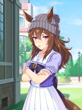 1girl absurdres animal_ears artist_request back_bow beanie blue_bow blue_bowtie blue_shirt blue_sky bow bowtie brooch brown_hair closed_mouth cloud collarbone cowboy_shot crossed_arms day dot_nose ear_ornament ears_through_headwear expressionless eyelashes flat_chest game_cg grey_hat hair_between_eyes hat high-waist_skirt highres horse_ears horse_girl horse_tail horseshoe_ornament jewelry lamppost light_frown lollipop_in_mouth long_hair looking_at_viewer loose_hair_strand nakayama_festa_(umamusume) official_art outdoors path pleated_skirt puffy_short_sleeves puffy_sleeves purple_eyes road school school_uniform shade shirt short_sleeves single_bare_arm skirt sky solo tail tracen_school_uniform tree tsurime two-tone_shirt umamusume wavy_hair white_shirt white_skirt