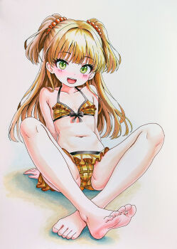 Rule 34 | 1girl, absurdres, barefoot, commentary request, feet, flat chest, green eyes, highres, idolmaster, idolmaster cinderella girls, jougasaki rika, navel, open mouth, pantyhose, reclining, sitting, smile, solmyr2000, solo, spread legs