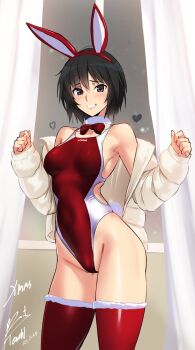 1girl :d alternate_costume amagami animal_ears armpits bare_shoulders black_hair blush bow bowtie breasts brown_eyes christmas cleavage clenched_teeth commentary_request covered_navel curtains dated fake_animal_ears fake_tail fur-trimmed_thighhighs fur_collar fur_trim glass_writing grin hairband hands_up heart highleg highleg_one-piece_swimsuit highres indoors jacket leotard long_sleeves looking_at_viewer medium_breasts nanasaki_ai nervous_smile off_shoulder one-piece_swimsuit open_clothes open_jacket open_mouth parted_lips playboy_bunny rabbit_ears rabbit_tail red_bow red_bowtie red_hairband red_one-piece_swimsuit red_thighhighs short_hair signature smile solo swimsuit tail teeth thighhighs white_jacket window yoo_tenchi