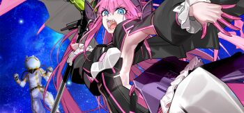 1boy 1girl armor blue_eyes blue_sky clothing_cutout colored_extremities dragon_girl dragon_horns dragon_wings elizabeth_bathory_(fate) elizabeth_bathory_(perfect)_(third_ascension)_(fate) fangs fate/grand_order fate_(series) fujimaru_ritsuka_(male) fujimaru_ritsuka_(male)_(captain_chaldea) game_cg helmet holding holding_polearm holding_weapon horns large_variant_set long_hair long_sleeves looking_at_viewer official_art open_mouth pink_hair pointy_ears polearm sky space space_helmet spacesuit star_(sky) third-party_source variant_set very_long_hair wada_arco weapon wings