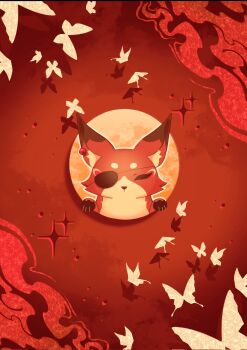 Rule 34 | animal, animal ear piercing, animal focus, animalization, bug, butterfly, closed eyes, closed mouth, colored smoke, commentary, earrings, english commentary, eyeliner, eyepatch, fox, full moon, gem, highres, hua cheng, insect, jewelry, looking at viewer, makeup, monochrome, moon, no humans, red eyeliner, red fur, red gemstone, red theme, shadow, single earring, smoke, sparkle, tianguan cifu, verbartt, white butterfly