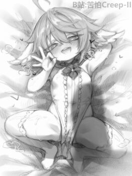 1girl ahoge animal_ears bilibili_username bird_ears breasts character_request chinese_commentary commentary_request covered_navel greyscale highres kupa_(jesterwii) loli lying monochrome on_back open_mouth pelvic_curtain penis_shadow shadowverse shadowverse:_worlds_beyond small_breasts solo spread_legs teeth thighhighs upper_teeth_only