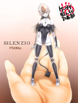 1girl black_hair breasts cellphone choker elbow_pads head_tilt in_palm italian_text joka_(hiwai) knee_pads long_hair mini_person minigirl original personification phone plug robot translation_request