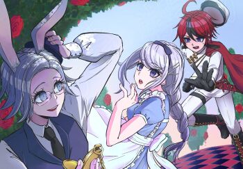 1girl 2boys ahoge alice&#039;s_adventures_in_wonderland alice_(alice_in_wonderland) alice_(alice_in_wonderland)_(cosplay) alternate_universe animal_ears aotsuki_eito apron black_boots black_gloves black_hairband black_hat black_necktie black_streaks black_vest blue_dress blue_eyes boots braid cape collared_shirt commentary cosplay dress frilled_apron frills glasses gloves grey_eyes grey_hair hairband hat highres holding holding_pocket_watch kirifuji_nozomi long_hair moon_tkhal multicolored_hair multiple_boys necktie outstretched_arm pants pocket_watch purple_eyes rabbit_boy rabbit_ears reaching reaching_towards_another red_cape red_hair rose_bush shirt short_hair smile streaked_hair sumino_takumi teeth the_hundred_line_-last_defense_academy- upper_teeth_only vest watch white_apron white_pants white_rabbit_(alice_in_wonderland) white_rabbit_(alice_in_wonderland)_(cosplay) white_shirt