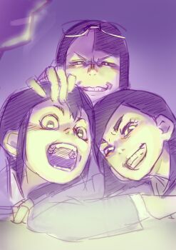 Rule 34 | 3girls, asakusa midori, asymmetrical bangs, eizouken ni wa te wo dasu na!, eyewear on head, glasses, hand on another's head, kanamori sayaka, long hair, mizusaki tsubame, multiple girls, muramura hito, open mouth, school uniform, shibahama high school uniform, short hair, smile, teeth