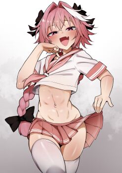 1boy :d astolfo_(fate) astolfo_(sailor_paladin)_(fate) black_bow blush bow braid bright_pupils bulge commentary_request contrapposto cowboy_shot dai_yasude erection erection_under_clothes fang fate/grand_order fate_(series) gradient_background grey_background hair_bow half-closed_eyes hand_up highres lifting_own_clothes long_braid looking_at_viewer male-female_symbol midriff navel neckerchief open_mouth pink_neckerchief pink_sailor_collar pink_skirt pleated_skirt red_eyes sailor_collar shirt short_sleeves simple_background single_braid skin_fang skindentation skirt smile solo thighhighs thighs trap white_pupils white_shirt white_thighhighs