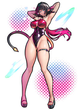 1girl absurdres animal_ears armpits arms_behind_head arms_up black_hair black_leotard blue_eyes breasts choker cleavage commentary_request covered_erect_nipples covered_navel dotted_background feet fishnet_gloves fishnet_sleeves fishnets gloves gluteal_fold heart highres jane_doe_(nocturne_of_light) jane_doe_(zenless_zone_zero) large_breasts leotard licking_lips long_hair looking_at_viewer mouse_ears mouse_girl mouse_tail multicolored_hair nail_polish nicchi o-ring o-ring_choker official_alternate_costume open-toe_shoes red_hair red_nails sharp_tail skindentation solo swimsuit tail thigh_strap toenail_polish toenails tongue tongue_out white_background zenless_zone_zero