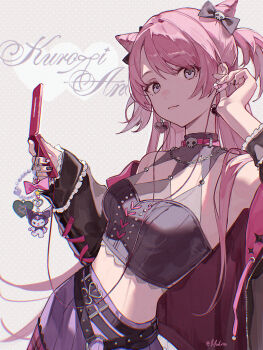 1girl alternate_costume alternate_hairstyle artist_name bang_dream! bang_dream!_it&#039;s_mygo!!!!! belt bow cellphone cellphone_charm character_name charm_(object) chihaya_anon closed_mouth commentary cone_hair_bun double_bun earphones earrings english_commentary fashion flip_phone grey_eyes hair_bow hair_bun heart heart_earrings highres holding holding_earphones jacket jewelry long_hair looking_at_viewer midriff nail_art o-ring o-ring_belt open_clothes open_jacket phone pink_hair purple_skirt skirt solo tochigi_1990 y2k_fashion