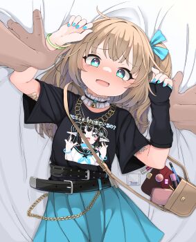 1boy 1girl aqua_eyes arm_grab bag bandages bandaid bed bell belt blonde_hair choker crying crying_with_eyes_open dove_pixie fang fingerless_gloves from_above gloves handbag heart heart-shaped_pupils hetero highres lipstick loli long_hair looking_at_viewer lying makeup makeup_brush nail_polish on_bed open_mouth original pov sexually_suggestive skirt symbol-shaped_pupils tears tissue