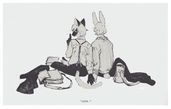 2boys bag body_fur cat_boy commentary english_commentary finger_to_mouth full_body furry furry_male grey_background holding_hands jacket looking_at_viewer looking_back male_focus multiple_boys nagabe original rabbit_boy satchel shirt short_hair shushing simple_background sitting suspenders sweater tail unworn_jacket