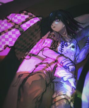 Rule 34 | 1boy, arm across waist, birthday, black hair, buttons, checkered clothes, checkered scarf, commentary, danganronpa (series), danganronpa v3: killing harmony, flipped hair, hair between eyes, highres, long sleeves, looking to the side, lying, male focus, oma kokichi, on back, on floor, pale skin, pants, parted lips, pink light, purple eyes, purple hair, scarf, short hair, solo, thigh strap, tsutsumi-yaki hanbagu-ya-san netabare, unworn scarf
