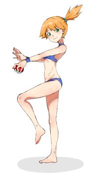 1girl asymmetrical_hair barefoot bikini blue_bikini breasts closed_mouth feet green_eyes hair_ornament highres holding holding_poke_ball leg_up legs looking_at_viewer misty_(pokemon) navel nintendo orange_hair poke_ball poke_ball_(basic) pokemon pokemon_firered_and_leafgreen pokemon_red/green/blue/yellow ponytail sadist_potatoe short_hair side_ponytail small_breasts smile solo standing standing_on_one_leg swimsuit wristband