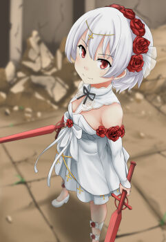 1girl absurdres bare_shoulders closed_mouth commentary detached_sleeves dress dual_wielding flower full_body hair_flower hair_ornament highres holding holding_sword holding_weapon honkai_(series) honkai_impact_3rd kertaspata looking_at_viewer outdoors red_eyes red_flower red_rose rose smile solo standing sword theresa_apocalypse theresa_apocalypse_(luna_kindred) theresa_apocalypse_(rosy_bridesmaid)_(luna_kindred) weapon wedding_dress white_dress white_hair white_sleeves