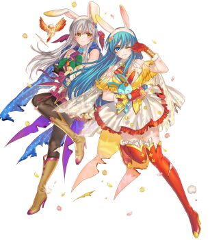 Rule 34 | 2girls, animal ear hairband, animal ears, aqua eyes, aqua hair, bare shoulders, bird, black pantyhose, blue eyes, blue hair, blue shirt, blush, boots, breasts, brown boots, brown gloves, clenched teeth, damaged, dress, eirika (fire emblem), eirika (spring company) (fire emblem), fake animal ears, fake tail, fingerless gloves, fire emblem, fire emblem: radiant dawn, fire emblem: the sacred stones, fire emblem heroes, flower, gloves, grey hair, hair ribbon, hairband, high heels, highres, holding, kippu, long hair, looking at viewer, micaiah (fire emblem), micaiah (spring company) (fire emblem), multiple girls, neckerchief, nintendo, non-web source, official alternate costume, official art, one eye closed, pantyhose, purple neckerchief, purple vest, rabbit ears, rabbit tail, red boots, red gloves, red neckerchief, red shirt, ribbon, shirt, skirt, sleeveless, smile, stuffed animal, stuffed rabbit, stuffed toy, tail, teeth, thigh boots, torn clothes, torn dress, vest, white hairband, white skirt, yellow eyes, yellow vest