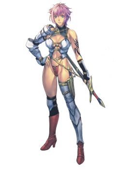1girl 2021 armor asymmetrical_clothes belt bikini bikini_armor black_thighhighs blue_eyes boots breasts brown_eyes center_opening cleavage cloud commentary demons_code english_commentary female_focus fighter_(demons_code) fingerless_gloves full_body gauntlets gloves hand_on_own_hip high_heels highleg highleg_panties highres hip_focus homare_(fool's_art) knee_boots knife large_breasts lipstick looking_at_viewer makeup midriff no_pants official_art open_mouth panties pink_hair red_panties sheath short_hair sleeveless smile solo standing statue strap swimsuit sword tattoo thighhighs thong turtleneck underwear weapon