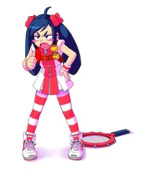 Rule 34 | :q, blue hair, capcom, justice gakuen, karuizawa momo, miniskirt, racket, ribbon, shoes, skirt, socks, tennis racket, tongue, tongue out, twintails, white background
