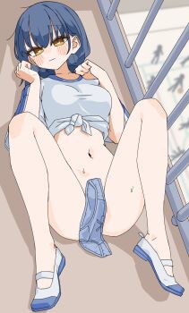 1girl absurdres ball basketball_(object) blue_hair blue_panties blush_stickers bottomless bow bow_panties breasts brown_eyes closed_mouth commentary_request full_body grey_shirt gym_shirt hands_up heart heart-shaped_pupils highres kopaka_(karda_nui) long_hair lying m_legs medium_breasts navel no_socks on_back original panties people shirt shoes short_sleeves silhouette solo_focus spread_legs sweat symbol-shaped_pupils tied_shirt underwear unworn_panties wavy_mouth white_shoes