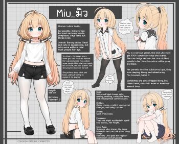 1girl alternate_language blonde_hair comodox english_text highres long_hair low_twintails miu_(comodox) multiple_views off_shoulder original pantyhose reference_sheet shorts thighhighs twintails