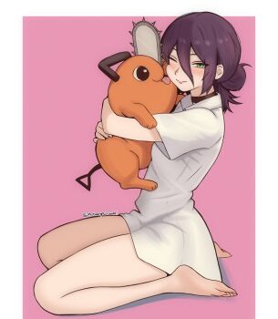 1girl absurdres artist_name black_choker chainsaw_man cheek_press choker collared_shirt green_eyes hair_between_eyes hair_bun highres hug looking_at_viewer mothdropcrowla one_eye_closed pochita_(chainsaw_man) purple_hair reze_(chainsaw_man) shirt sitting tongue tongue_out wariza white_shirt