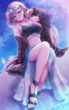 1girl absurdres bikini bikini_top_only blue_eyes blue_nails blue_toenails breasts feet flower hair_flower hair_ornament highres hololive hololive_indonesia lace_trim large_breasts nail_polish pavolia_reine sandals sarong summer sunglasses sunglasses_on_head swimsuit toes virtual_youtuber white_hair