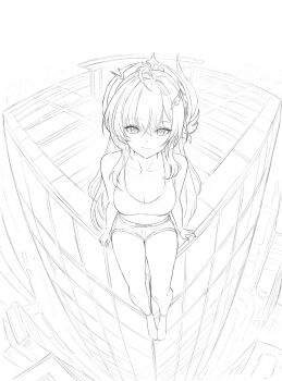 1girl aemeath_(wuthering_waves) alternate_costume bare_shoulders breasts cleavage closed_mouth collarbone commentary crop_top ddcc0123 foot_dangle greyscale hair_between_eyes hair_ornament high_up highres large_breasts lineart long_hair looking_at_viewer monochrome on_rooftop short_shorts shorts sitting sketch smile solo star-shaped_pupils star_(symbol) symbol-shaped_pupils thighs wuthering_waves