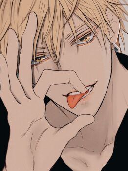 1boy arm_up black_shirt blonde_hair collarbone commentary earrings hair_between_eyes jewelry kise_ryouta kuroko_no_basuke looking_at_viewer male_focus nichi7711 ok_sign piercing portrait shirt short_hair single_earring solo symbol-only_commentary teeth tongue tongue_out yellow_eyes