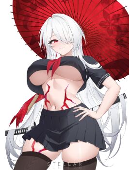 1girl absurdres acheron_(honkai:_star_rail) breasts claws colored_skin commentary cowboy_shot cracked_skin english_commentary hair_over_one_eye highres honkai:_star_rail honkai_(series) large_breasts light_smile long_hair looking_at_viewer looking_down navel neckerchief no_bra oil-paper_umbrella pleated_skirt red_eyes red_neckerchief red_skin scabbard school_uniform serafuku sheath skirt solo stellar_(ssstellar) sword thighhighs umbrella underboob very_long_hair weapon white_hair