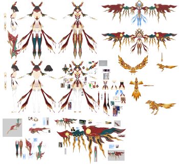 1girl absurdres bird breasts brown_eyes brown_hair detached_sleeves dress feathered_wings fiery_wings flat_color from_behind from_side full_body highres medium_breasts multiple_views reference_sheet solo starward straight-on t-pose thighhighs white_background white_dress wings zhu_fun