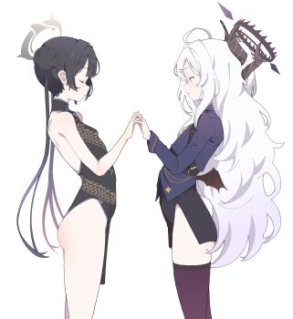 2girls absurdres ahoge ass belt black_belt black_dress black_hair black_halo black_skirt blue_archive china_dress chinese_clothes closed_eyes commentary cowboy_shot demon_girl demon_horns demon_wings double_bun dragon_print dress forehead grey_eyes grey_halo hair_between_eyes hair_bun hair_ornament hairclip halo highres hina_(blue_archive) holding_hands horns interlocked_fingers kisaki_(blue_archive) long_hair long_sleeves looking_at_another military_uniform miniskirt multicolored_halo multiple_girls parted_bangs parted_lips pencil_skirt profile purple_eyes purple_thighhighs s10021 sam_browne_belt side_slit sidelocks simple_background skirt sleeveless sleeveless_dress standing thighhighs two-tone_halo wavy_hair white_background white_hair wings