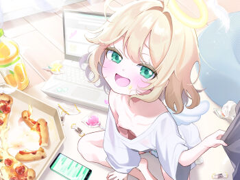 1girl absurdres angel blonde_hair blush breasts cellphone computer downblouse green_eyes halo highres indian_style laptop loli looking_at_viewer nipples non-web_source open_mouth original panties phone see-through_clothes see-through_shirt shirt shirt_tug short_hair sitting small_breasts smartphone smile solo sunlight underwear utata_(122) white_panties