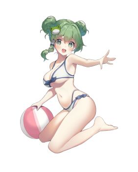 1girl alternate_costume alternate_hairstyle ball barefoot beachball bikini blush breasts double_bun frog_hair_ornament game_cg green_eyes green_hair hair_bun hair_ornament hair_tubes hakurei_frontier_spell_strive highres kochiya_sanae large_breasts looking_at_viewer navel official_art open_mouth single_hair_tube sitting smile snake_hair_ornament solo stomach swimsuit third-party_source touhou transparent_background usamata white_bikini