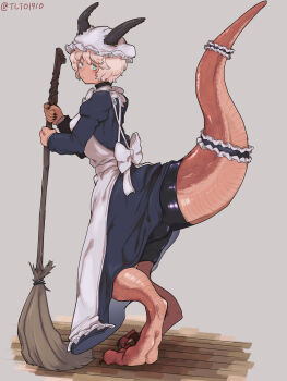 1girl absurdres apron aqua_eyes bike_shorts blonde_hair blue_dress broom digitigrade dragon_girl dragon_horns dragon_tail dragondedemushi dress frills full_body grey_background hat highres holding holding_broom horns horns_through_headwear juliet_sleeves long_sleeves maid maid_apron mob_cap monster_girl original puffy_sleeves short_hair sideways_glance simple_background solo standing tail twitter_username wooden_floor