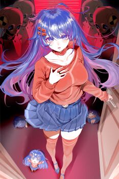 2girls bad_source blue_hair blue_skirt blush bow bow_choker breasts chibi chibi_mita_(miside) choker collarbone door doorknob floating_hair hair_between_eyes hair_ornament hairclip hand_on_own_chest highres indoors jewelry kind_mita_(miside) large_breasts long_bangs long_hair long_sleeves looking_at_viewer looking_up miside mita_(miside) multiple_girls official_art open_mouth pleated_skirt red_sweater red_thighhighs ring robot shoes skirt standing sweater thighhighs