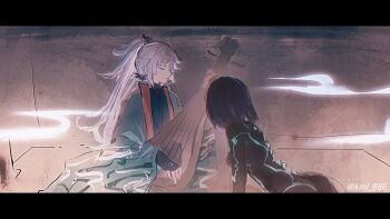 2girls ass black_bodysuit black_kimono bodysuit breasts closed_eyes earrings fate/samurai_remnant fate_(series) green_kimono grey_bodysuit highres instrument japanese_clothes jewelry kimono long_hair long_sleeves medium_breasts mroaridnryed_alter multicolored_bodysuit multiple_girls neon_trim ponytail purple_hair short_hair sidelocks two-tone_bodysuit ushi_gozen_(fate) ushi_gozen_(rider)_(fate) white_hair wide_sleeves yui_shousetsu_(fate)
