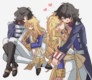 1boy 1girl andre_grandier black_hair blonde_hair blue_eyes blue_jacket blush boots closed_eyes closed_mouth embarrassed epaulettes hair_over_one_eye heart hetero highres hug jacket knee_boots long_hair long_sleeves looking_at_another meremero multiple_views open_mouth oscar_francois_de_jarjayes pants short_hair simple_background sitting sleeping sleeping_on_person smile standing versailles_no_bara white_background white_pants