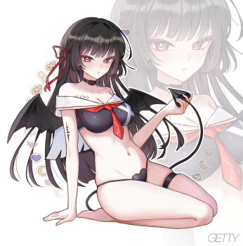 1girl adapted_costume arm_support artist_name bare_legs bare_shoulders barefoot bat_wings black_choker black_hair black_panties black_tail breasts chisa_(wuthering_waves) choker cleavage collarbone commentary crop_top demon_tail full_body getty-gy hair_ribbon halloween_costume large_breasts legs long_hair looking_at_viewer mole mole_under_eye navel neckerchief off_shoulder panties parted_lips red_eyes red_neckerchief red_ribbon ribbon simple_background sitting skindentation solo stomach tacet_mark_(wuthering_waves) tail thigh_strap thighs underwear wariza white_background wings wuthering_waves zoom_layer