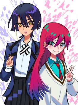 2girls alternate_hair_length alternate_hairstyle amate_yuzuriha aqua_shirt black_hair black_skirt blue_jacket commentary diagonal-striped_clothes diagonal-striped_necktie earphones gundam gundam_gquuuuuux hair_between_eyes hairstyle_switch highres ia34550364 jacket long_hair looking_at_viewer multiple_girls necktie nyaan_(gundam_gquuuuuux) open_mouth pleated_skirt red_hair shirt short_hair skirt smile striped_clothes sweater teeth upper_teeth_only v white_shirt white_sweater yellow_eyes