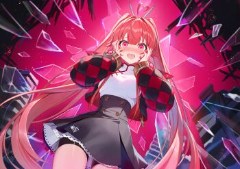 Rule 34 | 1girl, absurdres, ahoge, black jacket, black shorts, black skirt, blush, breasts, broken glass, chaos zero nightmare, character request, commentary request, cowboy shot, glass, heart, heart-shaped pupils, heart ahoge, highres, jacket, melreon, multicolored jacket, pink eyes, pink hair, red jacket, shirt, shorts, skirt, symbol-shaped pupils, twintails, two-tone jacket, white shirt