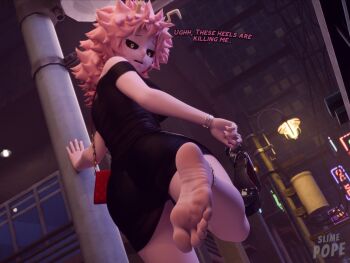 3d ashido_mina ashido_mina_time-skip_(meme) ass ass_focus bag bare_legs barefoot black_dress black_sclera boku_no_hero_academia bones_(company) colored_sclera colored_skin curvy dress exhausted feet foot_focus heels_removed high_heels huge_ass legs long_hair outdooors pink_hair pink_skin shounen_jump slimepope soles toes yellow_eyes