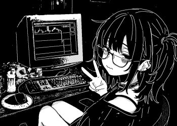 1girl armrest at_computer black_choker bra_strap can chair choker computer computer_keyboard computer_mouse cross cross_earrings drink_can ear_piercing earrings glasses graph greyscale hand_up highres jewelry looking_at_viewer medium_hair messy_hair monochrome monokurocorp monster_energy one_side_up original piercing puriririririri shirt sitting solo stock_chart table thighs v wavy_mouth