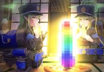 2girls ai-generated_art_(topic) ai_drawing_anime_characters_eating_ramen_(meme) armband blue_archive blue_armband censored dildo eating food gaming_penis_ikebana_(meme) gloves glowing green_hair hat highres hikari_(blue_archive) indoors long_hair meme military_hat mosaic_censoring multiple_girls noodles nozomi_(blue_archive) pizza pointy_ears sex_toy shitsugaikotsu shouji sliding_doors tatami train twintails what white_gloves yellow_eyes
