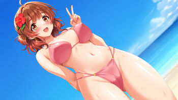1girl absurdres ahoge beach bikini blue_sky blush breasts brown_eyes brown_hair cameltoe cloud commentary_request commission covered_erect_nipples cygnus_(cygnus7) day earrings flower gakuen_idolmaster gluteal_fold gradient_hair hair_flower hair_ornament hanami_ume highres idolmaster jewelry large_breasts multicolored_hair navel outdoors pink_bikini pixiv_commission revision short_hair sky solo standing stomach swimsuit thighs triangle_earrings v variant_set
