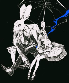 1boy 1girl alice's_adventures_in_wonderland alice_(alice_in_wonderland) bare_shoulders black_background blunt_bangs bow child circle_skirt closed_mouth coat collarbone collared_shirt crossed_legs daekkon dot_mouth dress dress_pants dress_shoes frilled_skirt frills from_above furry gloves greyscale hair_bow hand_on_own_chin high_heels highres hime_cut holding holding_teapot holding_umbrella long_hair long_sidelocks looking_down monochrome necktie off-shoulder_dress off_shoulder overcoat puffy_short_sleeves puffy_sleeves rabbit shirt short_sleeves sidelocks signature sitting sketch skirt smoke smoke_trail socks spot_color teapot umbrella vest waistcoat whiskers white_rabbit_(alice_in_wonderland)